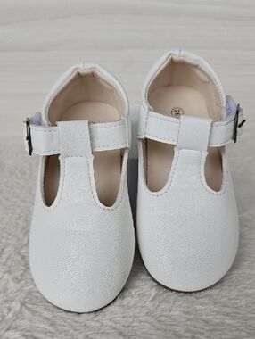 Kids White T-Bar Dress Shoes with Buckle Closure